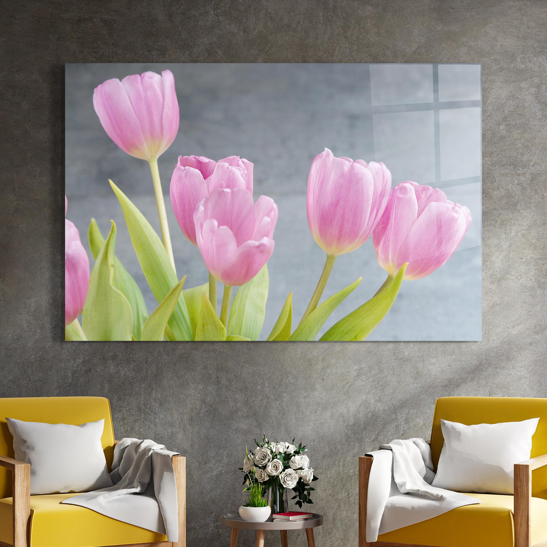Obraz na Szkle Pink Pastel Tulip On Grey mockup 4