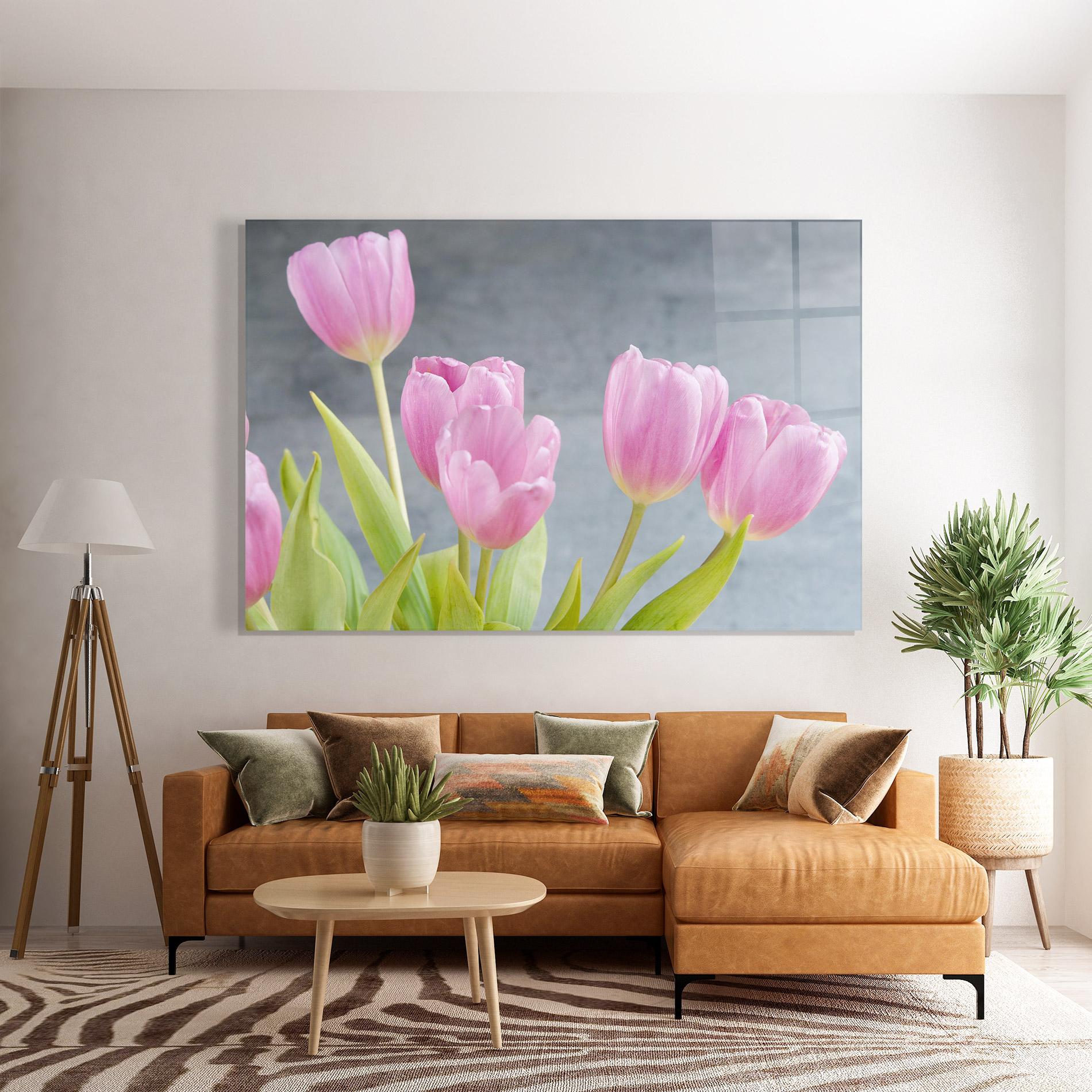 Obraz na Szkle Pink Pastel Tulip On Grey mockup 7