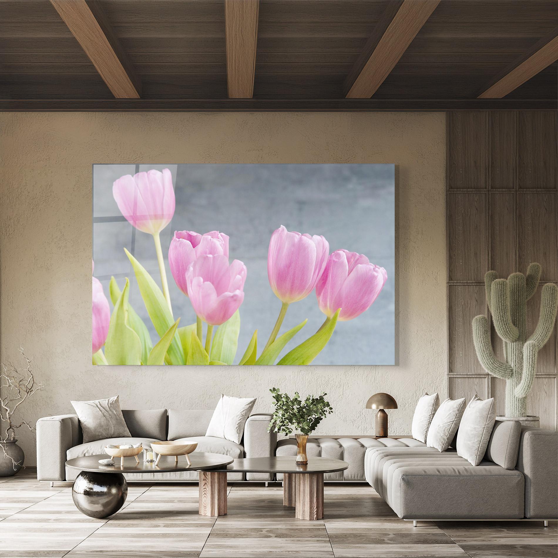 Obraz na Szkle Pink Pastel Tulip On Grey mockup 8