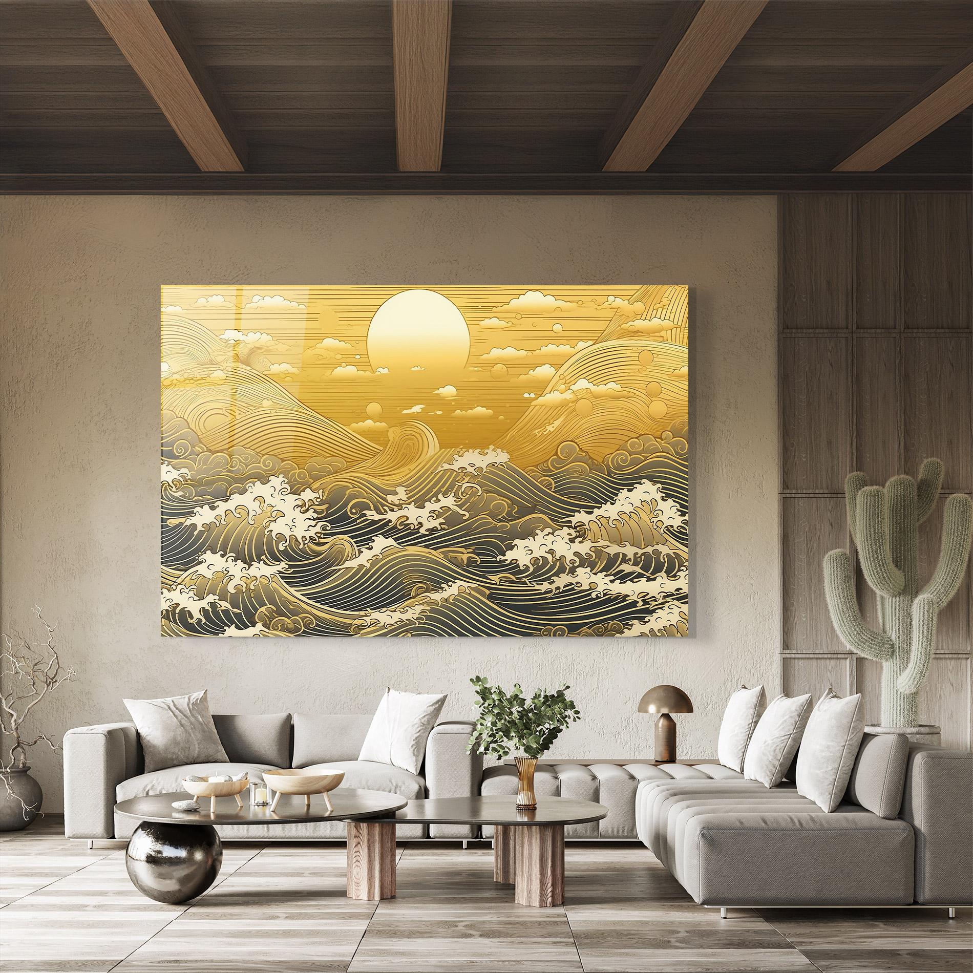 Obraz na Szkle Blue Gold Waves mockup 8