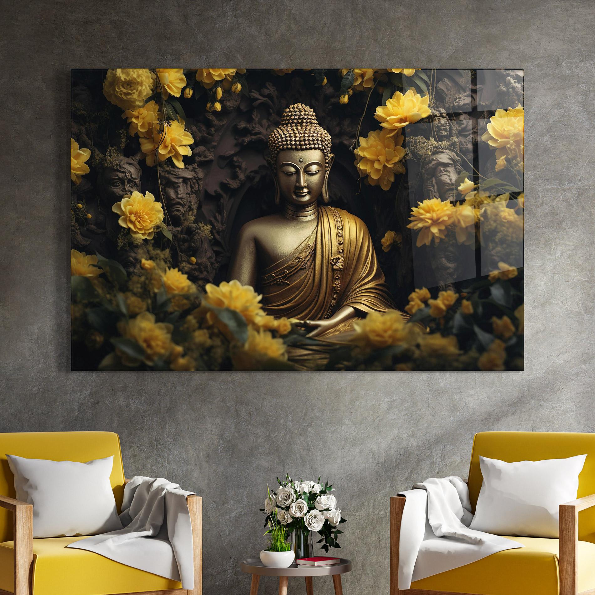 Obraz na Szkle Gold Buddha Flowers mockup 4